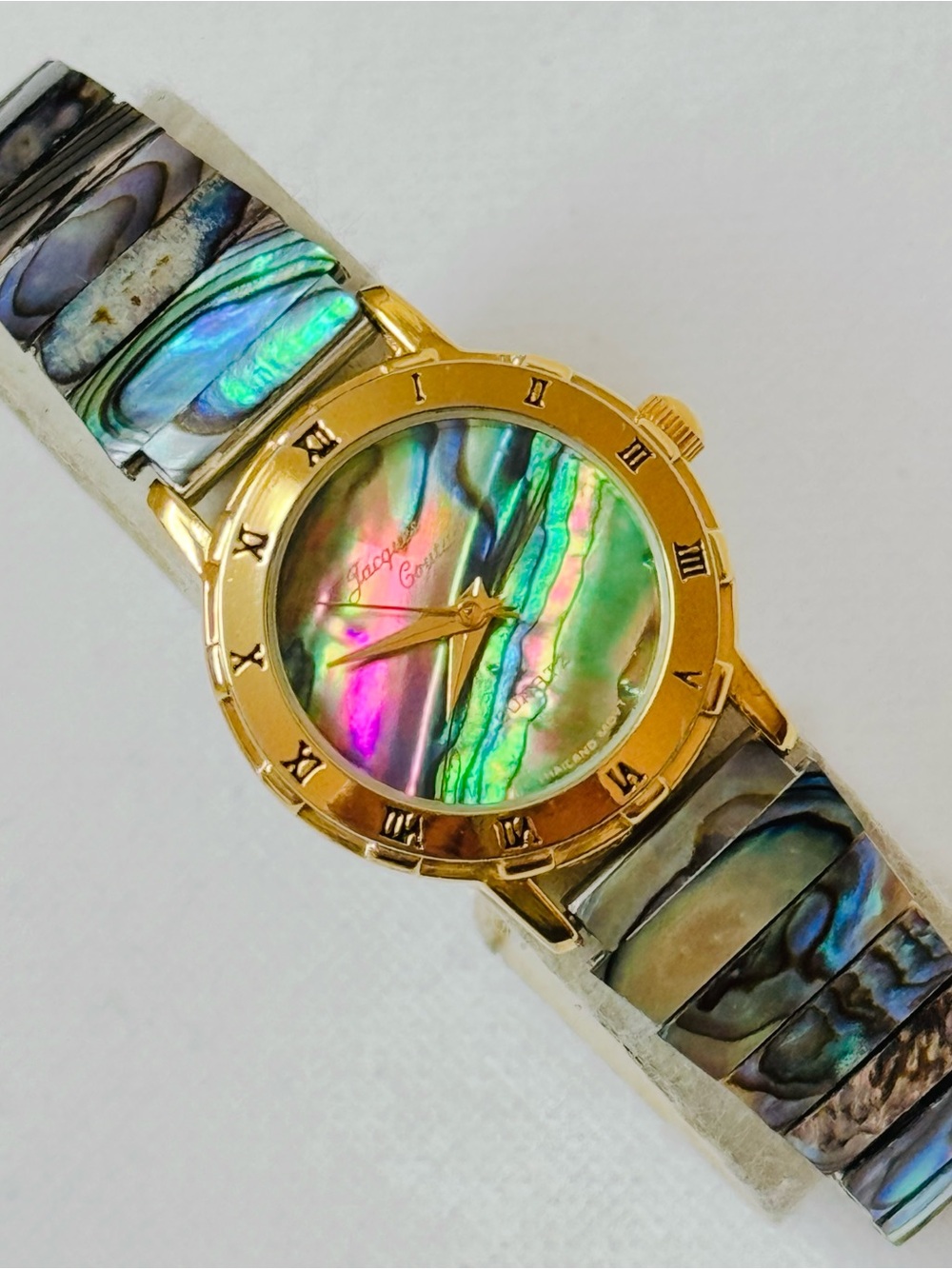 Vintage Jaques Couture Stunning Abalone Women's Watch 6.25"MAX Stretch Band Gold